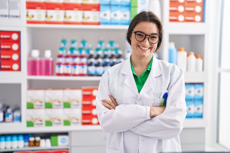 young hispanic woman pharmacist smiling confident standing with arms crossed gesture pharmacy